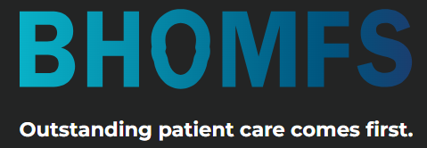 Logo with the text "BHOMFS" in blue gradient and the tagline "Outstanding patient care comes first" below in white.