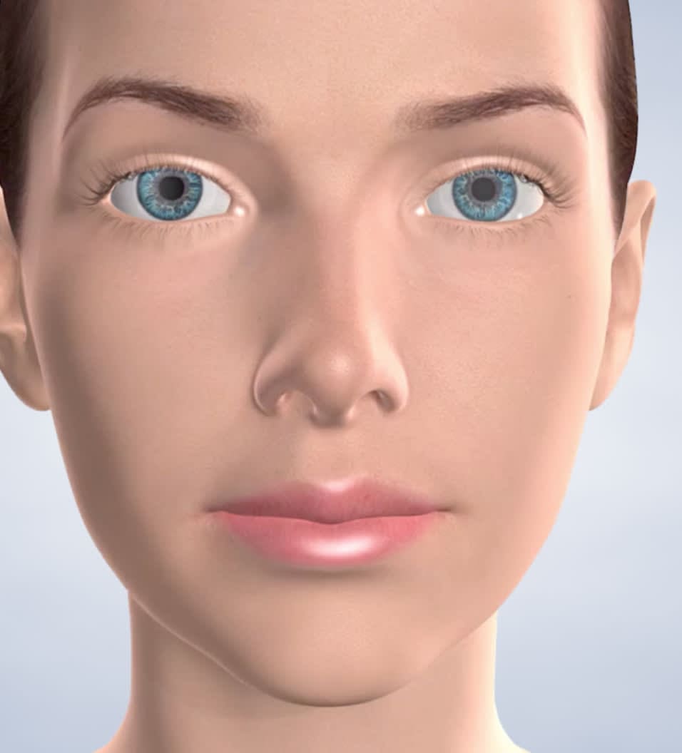 A 3D-rendered human face with blue eyes, neutral expression, and light skin against a plain background.